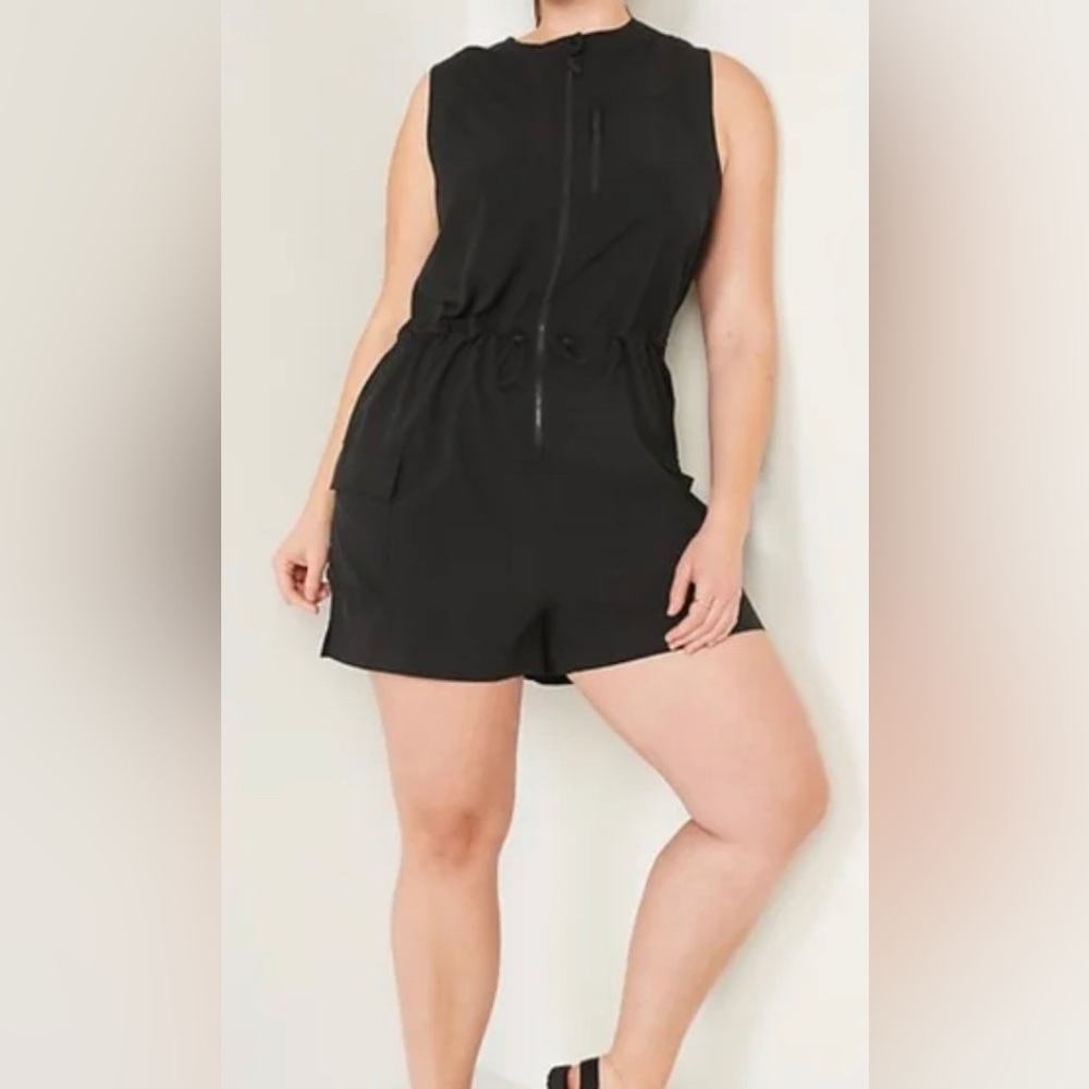Old Navy black Stretch Tech zip front cargo romper